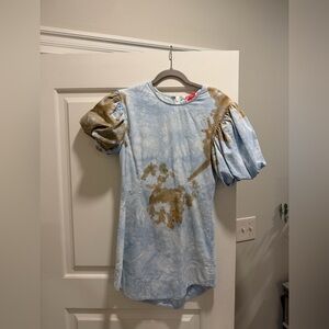SHUG Blue Tie-Dye Puff Sleeve Mini Dress with Brown Accents